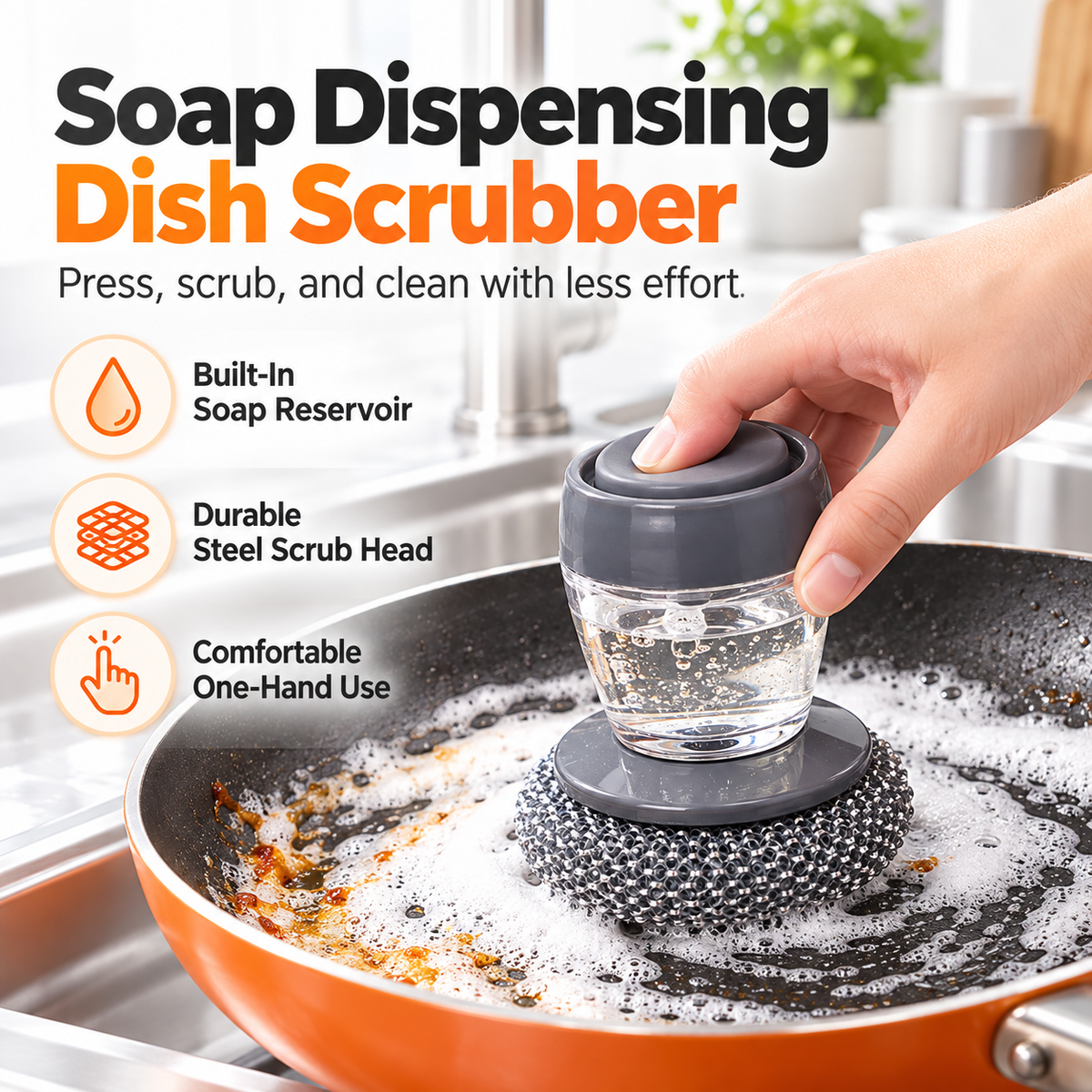 Press Soap Dispenser Dish Brush, Durable Metal Mesh Scrub Head, Detachable Kitchen Cleaning Brush for Pots, Pans & Dishes