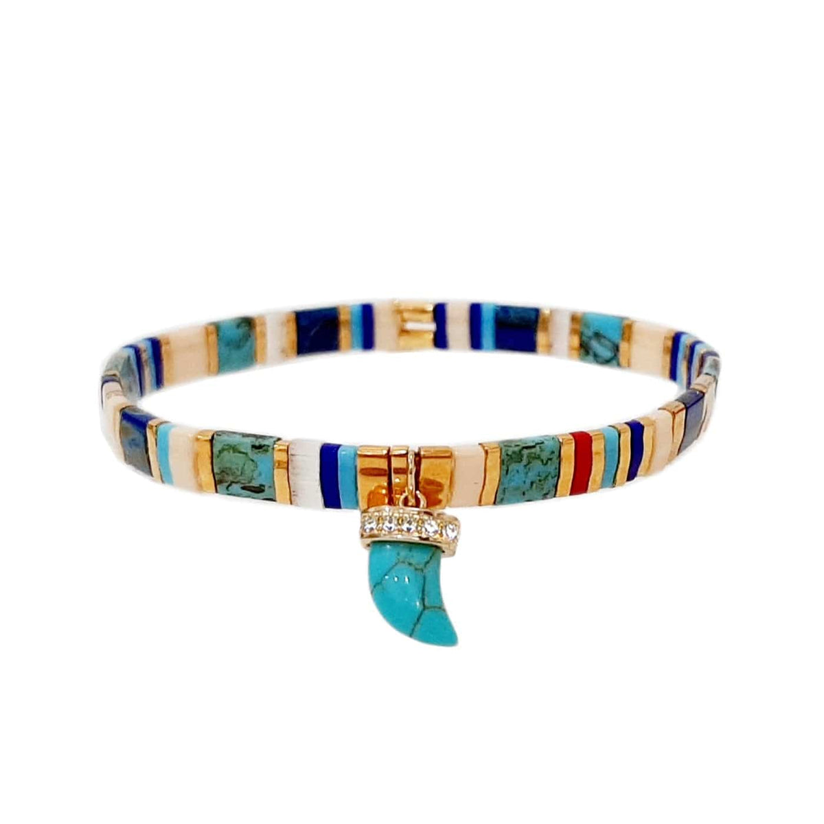 Multicolor Tila Bead Stretch Bracelet with Turquoise Horn Charm