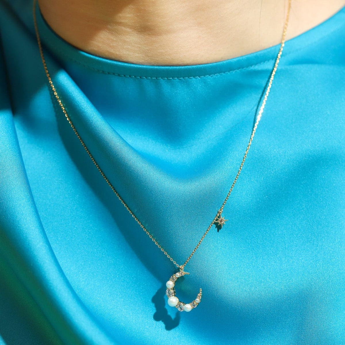 Pearl and CZ Crescent Moon Pendant