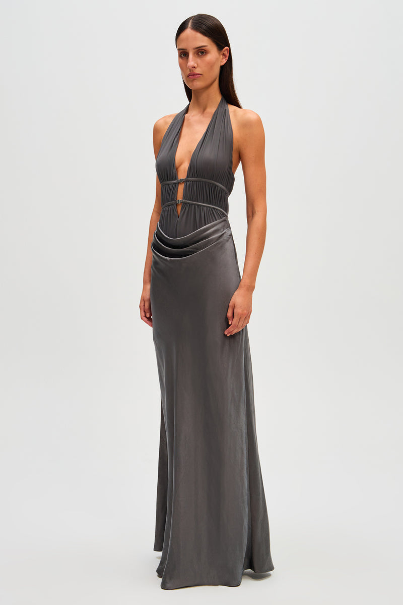 Celine Satin Maxi Dress - Pewter