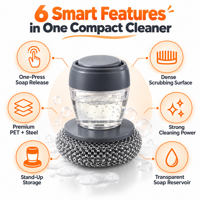 Press Soap Dispenser Dish Brush, Durable Metal Mesh Scrub Head, Detachable Kitchen Cleaning Brush for Pots, Pans & Dishes