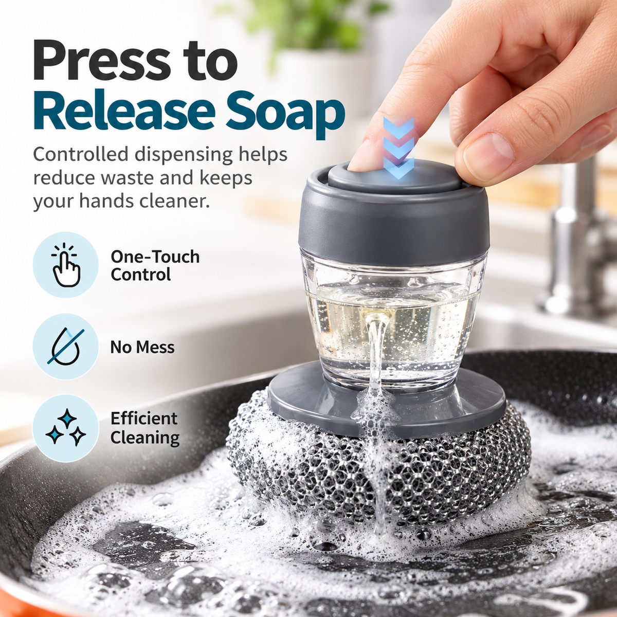 Press Soap Dispenser Dish Brush, Durable Metal Mesh Scrub Head, Detachable Kitchen Cleaning Brush for Pots, Pans & Dishes