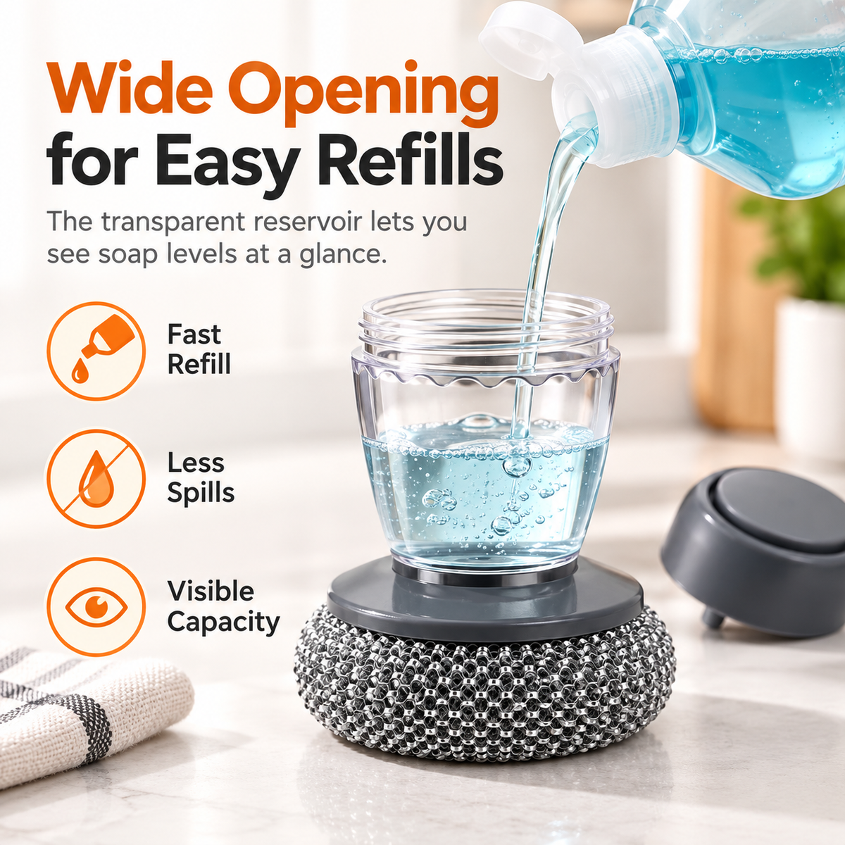 Press Soap Dispenser Dish Brush, Durable Metal Mesh Scrub Head, Detachable Kitchen Cleaning Brush for Pots, Pans & Dishes