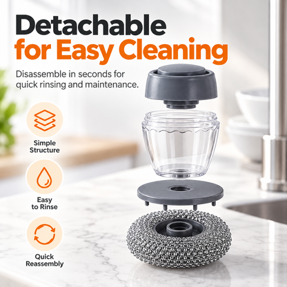 Press Soap Dispenser Dish Brush, Durable Metal Mesh Scrub Head, Detachable Kitchen Cleaning Brush for Pots, Pans & Dishes
