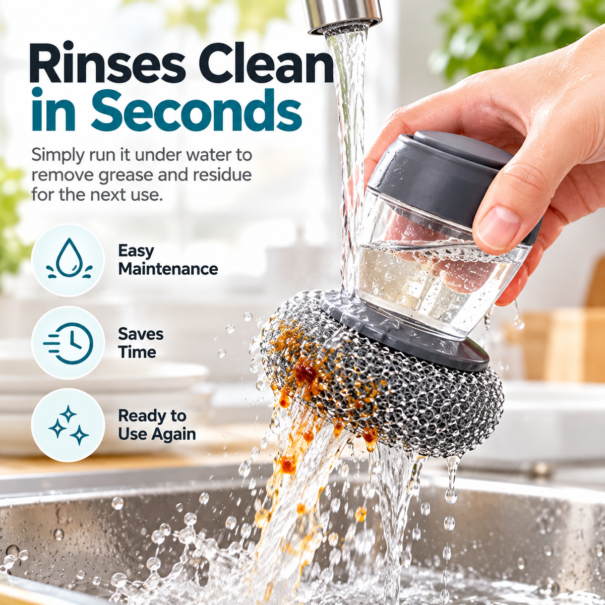 Press Soap Dispenser Dish Brush, Durable Metal Mesh Scrub Head, Detachable Kitchen Cleaning Brush for Pots, Pans & Dishes