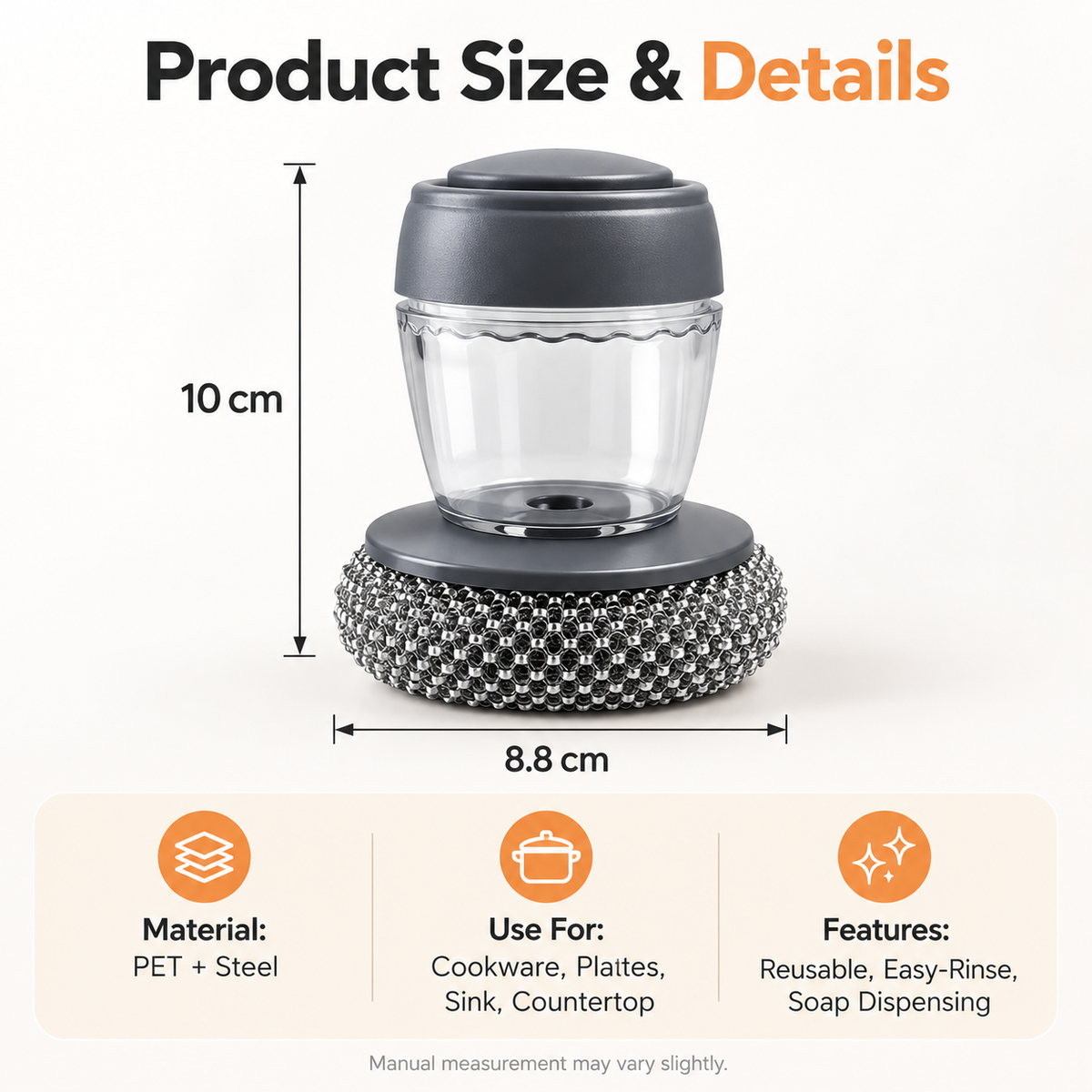 Press Soap Dispenser Dish Brush, Durable Metal Mesh Scrub Head, Detachable Kitchen Cleaning Brush for Pots, Pans & Dishes