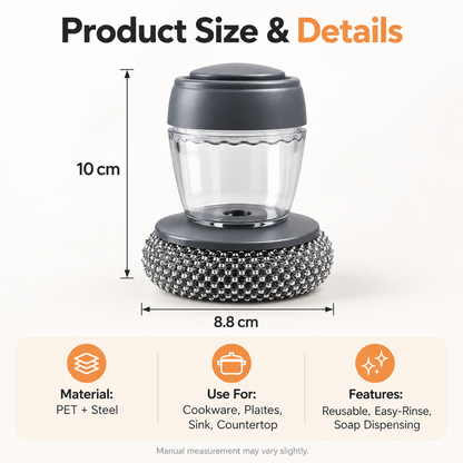 Press Soap Dispenser Dish Brush, Durable Metal Mesh Scrub Head, Detachable Kitchen Cleaning Brush for Pots, Pans & Dishes