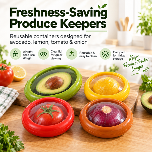 Reusable Fruit Vegetable Storage Containers, 4‑Pack Produce Saver for Avocado Lemon Tomato Onion