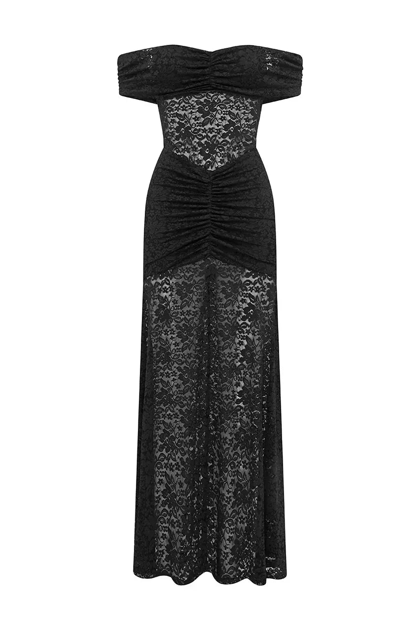 Vaneya Off Shoulder Lace Maxi Dress - Black