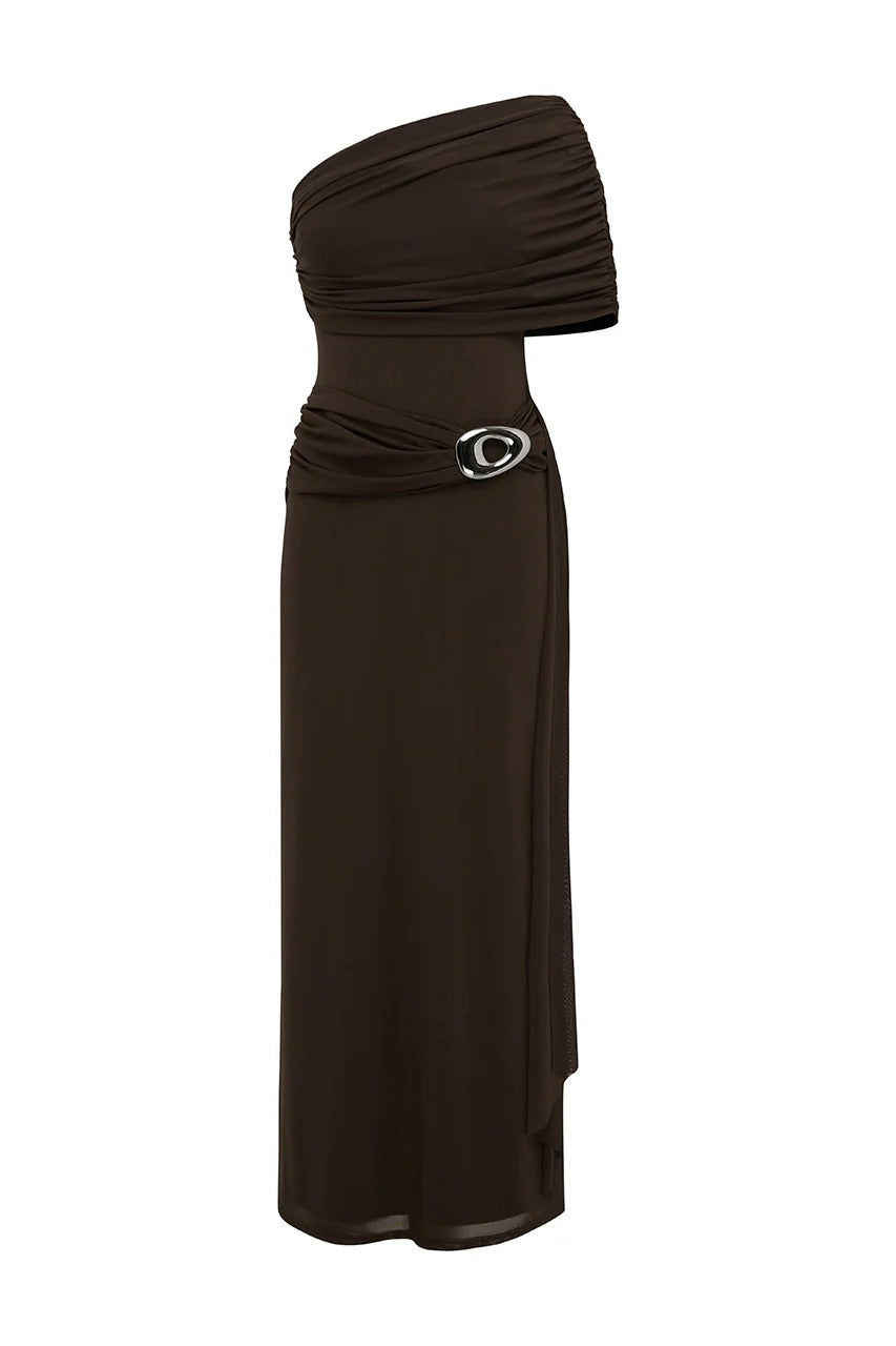 Kassi One Shoulder Midi Dress - Chocolate