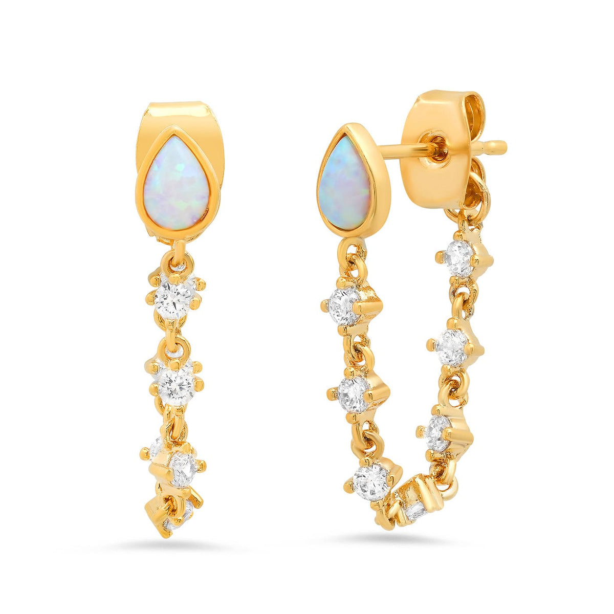 Opal Studs With CZ Dangle Chain