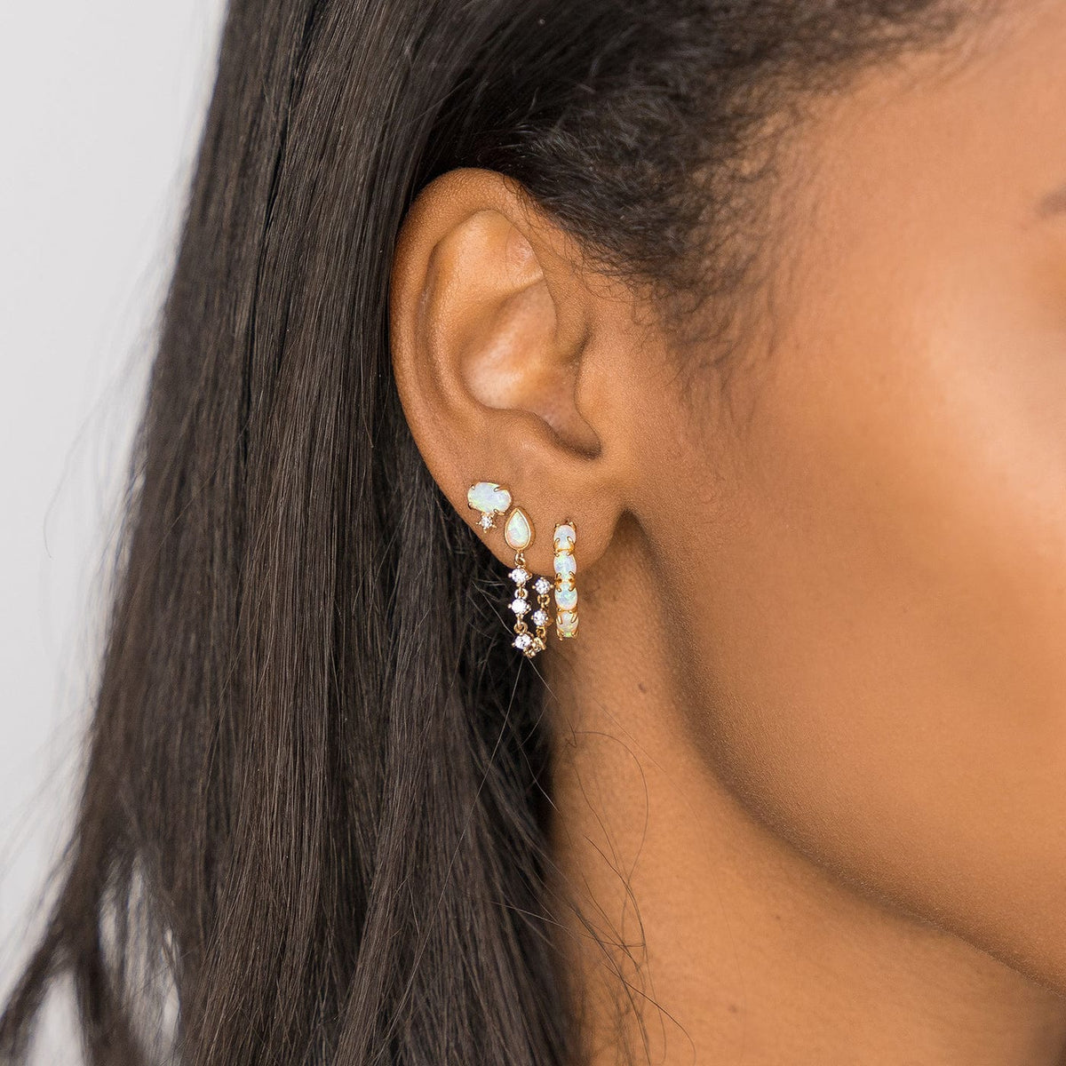 Opal Studs With CZ Dangle Chain